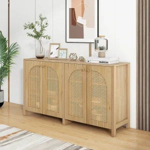 Dressoir met 4 rotan deuren – 145 x 40 x 80 cm – MDF hout en spaanplaten – natuurlijke kleur