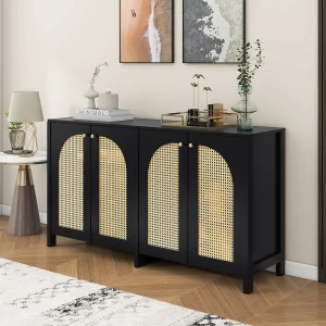 Dressoir met 4 rotan deuren – 145 x 40 x 80 cm – MDF hout en spaanplaten – zwart + eikenkleur