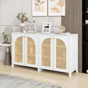 Dressoir met 4 rotan deuren – 145 x 40 x 80 cm – MDF hout en spaanplaten – wit + eikenkleur