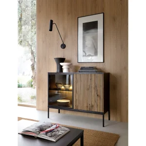 Dressoir met twee deuren en ledverlichting – 104 cm – Zwart/Wotan Eiken – TOSENA