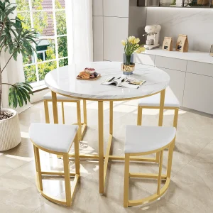 Tafelset met 4 stoelen, rond MDF blad, verguld ijzeren frame, fluwelen stoel, D80x75cm+D33x46cm, wit