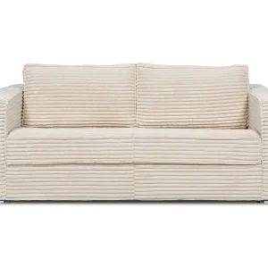 Express-vierzitsslaapbank van beige ribfluweel met brede ribbels en latten LORETO Express-vierzitsslaapbank van beige ribfluweel met brede ribbels en latten LORETO