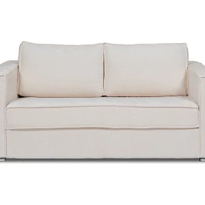 Express-driezitsslaapbank van beige stof met textuur, brede latten, -22 cm LORETO Express-driezitsslaapbank van beige stof met textuur, brede latten, -22 cm LORETO