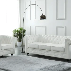 Driezitsbank en fauteuil van buffelleer CHESTERFIELD – Wit