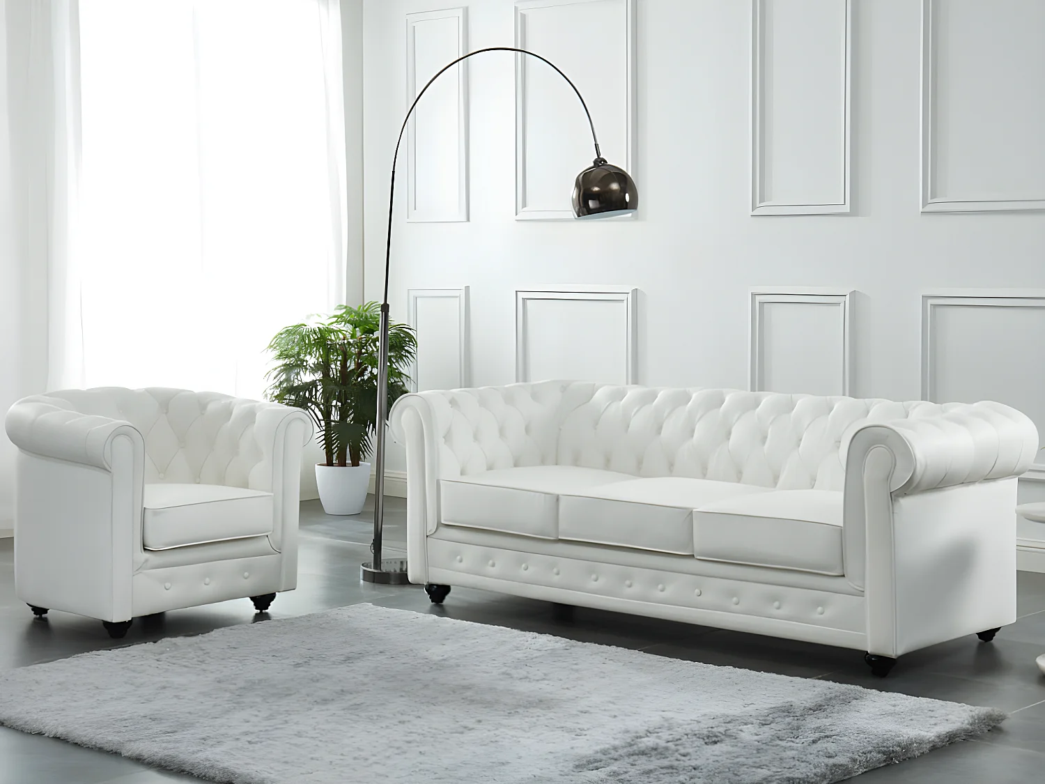 Driezitsbank en fauteuil van buffelleer CHESTERFIELD - Wit