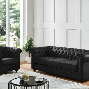 Driezitsbank en fauteuil van buffelleer CHESTERFIELD – Zwart