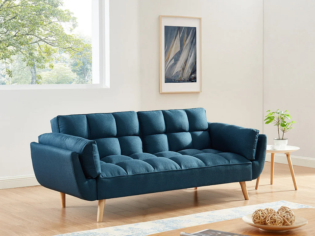 Driezits slaapbank van stof LOELINE - Blauw