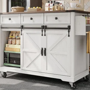 Centrale keukeneiland – met uitschuifbaar bord – 2 schuifdeuren met planken en 3 lades – Beige
