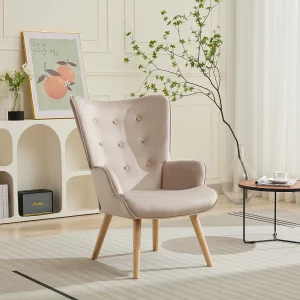 Fauteuil van beige velours met capitonnage. Scandinavische stijl. VATELY Fauteuil van beige velours met capitonnage. Scandinavische stijl. VATELY