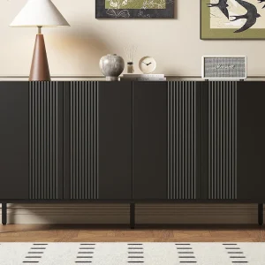 Dressoir met 4 deuren en verstelbare planken – verticale strepen – Zwart Dressoir met 4 deuren en verstelbare planken – verticale strepen – Zwart