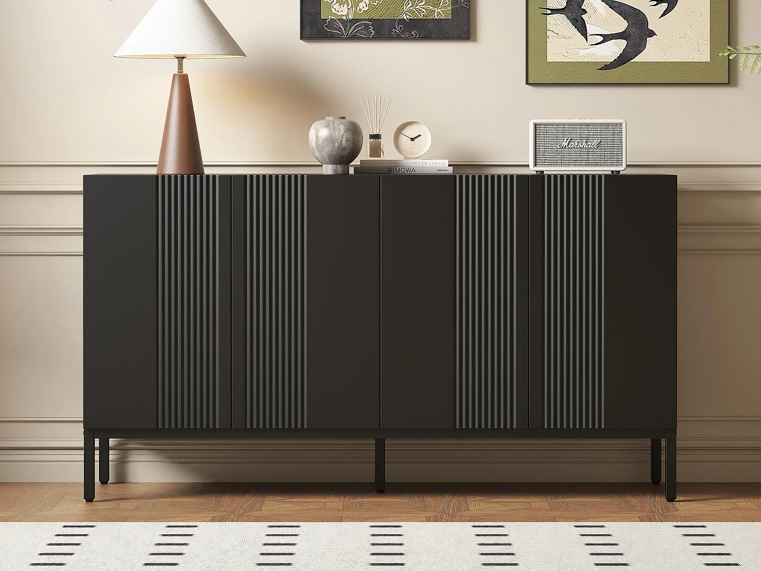 Dressoir met 4 deuren en verstelbare planken - verticale strepen - Zwart