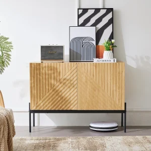 Dressoir met 2 deuren en metalen poten, ladekast met lineair ontwerp, spaanplaat, naturel, H 75 cm / B 100 cm / D 40 cm Dressoir met 2 deuren en metalen poten, ladekast met lineair ontwerp, spaanplaat, naturel, H 75 cm / B 100 cm / D 40 cm
