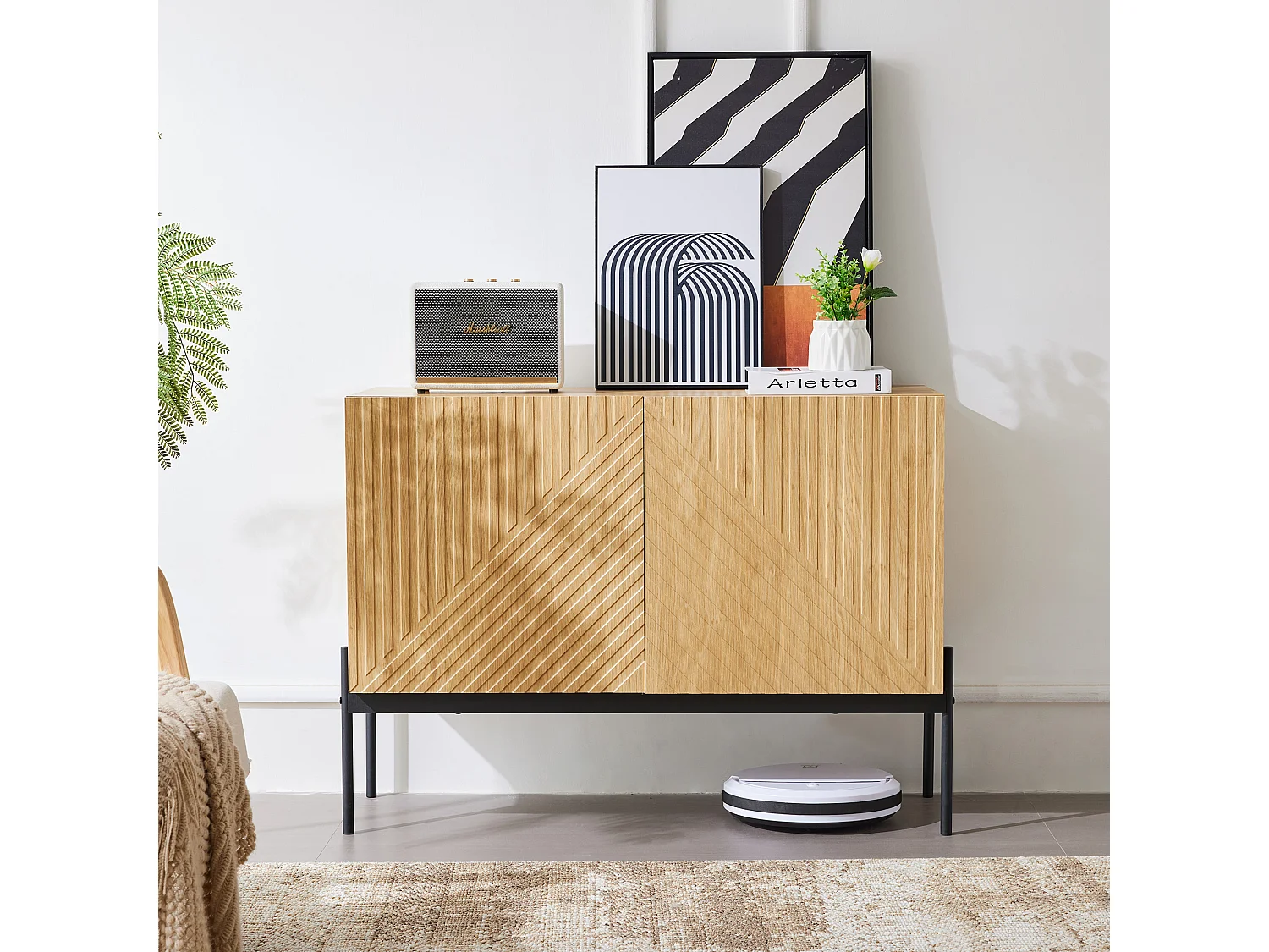 Dressoir met 2 deuren en metalen poten, ladekast met lineair ontwerp, spaanplaat, naturel, H 75 cm / B 100 cm / D 40 cm