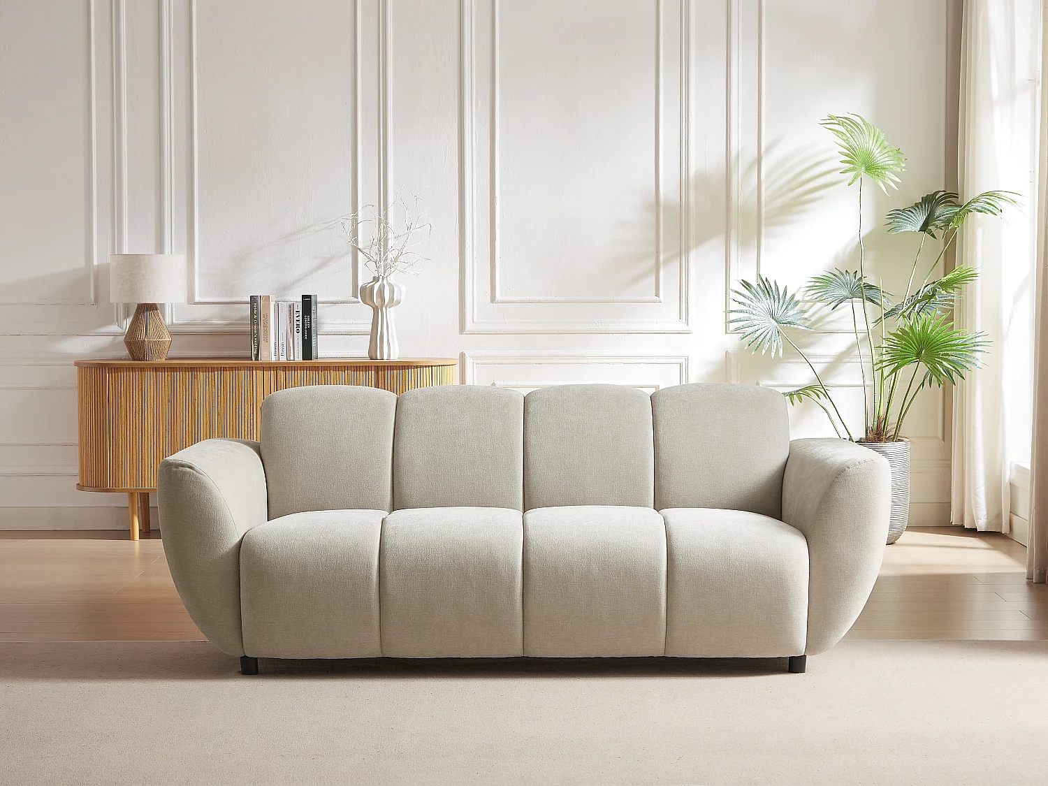 Driezitsbank van beige stof met gewatteerd effect JULORI