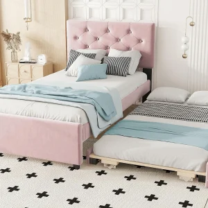 Eenpersoonsbed 90x200cm in fluweel – voorzien van onderschuifbed – met lattenbodem – Roze (matras niet inbegrepen) Eenpersoonsbed 90x200cm in fluweel – voorzien van onderschuifbed – met lattenbodem – Roze (matras niet inbegrepen)