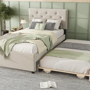 Eenpersoonsbed 90x200cm in fluweel – voorzien van onderschuifbed – met lattenbodem – Beige (matras niet inbegrepen) Eenpersoonsbed 90x200cm in fluweel – voorzien van onderschuifbed – met lattenbodem – Beige (matras niet inbegrepen)