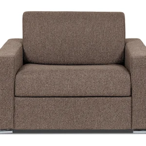 Convertibele fauteuil in gemêleerde bruine stof. Slaapgedeelte 70 cm. Matras 14 cm. CALITO