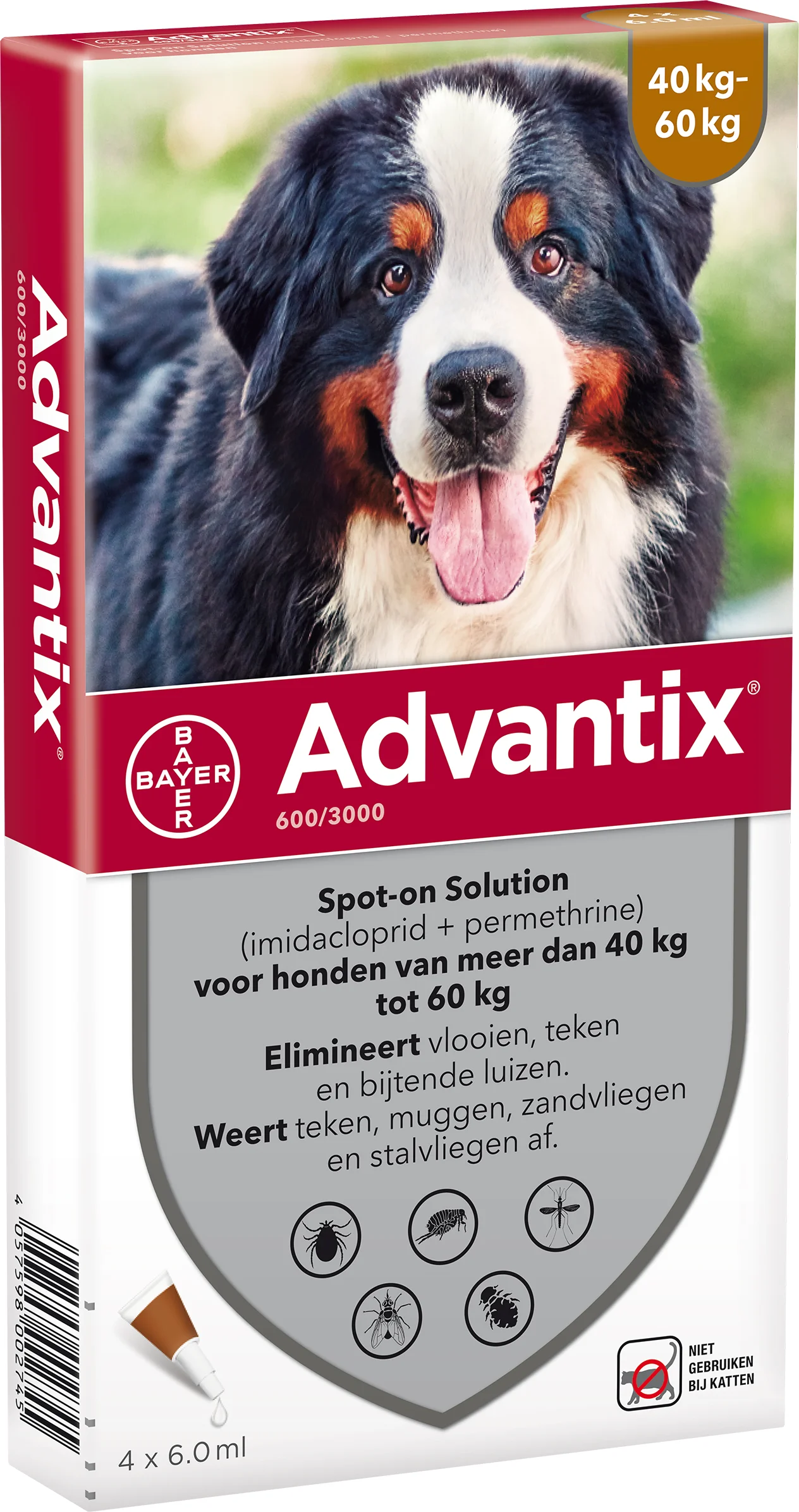 Advantix Spot-on 600 anti vlooien- en tekenmiddel 4 pipetten 40 – 60 kg