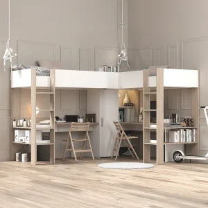 Dubbele hoekhoogslaper 2 x 90 x 200 cm met opbergruimte en bureaus, wit en naturel – LASCANO Dubbele hoekhoogslaper 2 x 90 x 200 cm met opbergruimte en bureaus, wit en naturel – LASCANO