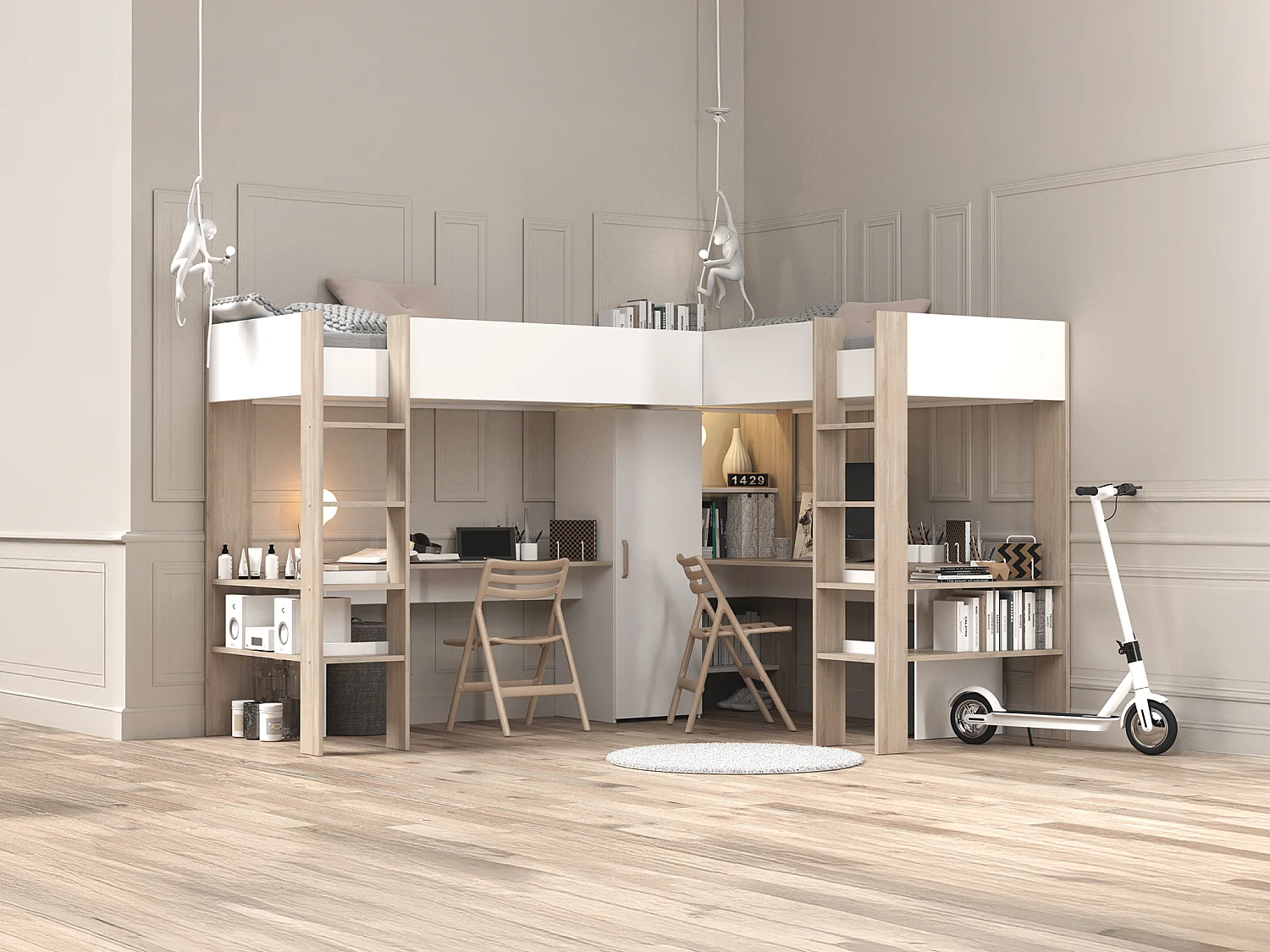 Dubbele hoekhoogslaper 2 x 90 x 200 cm met opbergruimte en bureaus, wit en naturel - LASCANO
