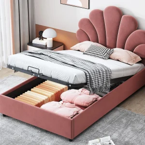 Fluwelen gestoffeerd opbergbed – 90x200cm – Hoofdbord in de vorm van een bloem – met lattenbodem – Roze Fluwelen gestoffeerd opbergbed – 90x200cm – Hoofdbord in de vorm van een bloem – met lattenbodem – Roze
