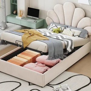 Fluweel gewatteerd opbergbed – 90x200cm – bloemvormig hoofdeinde – met lattenbodem – Beige Fluweel gewatteerd opbergbed – 90x200cm – bloemvormig hoofdeinde – met lattenbodem – Beige