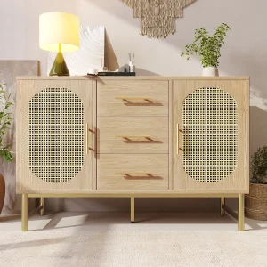 Dressoir met 3 laden en 2 rotan deuren – 120 x 40 x 74 cm – Verstelbare planken – Spaanplaat – Eiken Dressoir met 3 laden en 2 rotan deuren – 120 x 40 x 74 cm – Verstelbare planken – Spaanplaat – Eiken