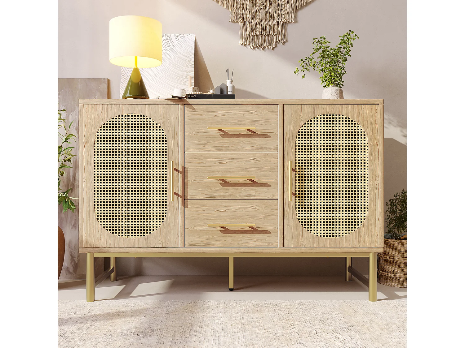 Dressoir met 3 laden en 2 rotan deuren - 120 x 40 x 74 cm - Verstelbare planken - Spaanplaat - Eiken