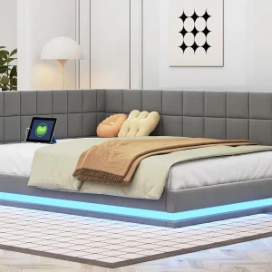 Fluweel gestoffeerde slaapbank 140x200cm – met LED en USB-aansluiting – Grijs Fluweel gestoffeerde slaapbank 140x200cm – met LED en USB-aansluiting – Grijs