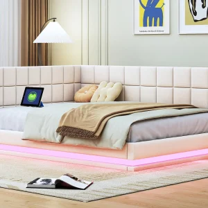 Fluweel gestoffeerde slaapbank 140x200cm – met LED en USB-aansluiting – Beige Fluweel gestoffeerde slaapbank 140x200cm – met LED en USB-aansluiting – Beige
