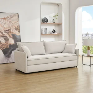 Express-driezitsslaapbank van beige stof met zitting met vormgeheugen SERABA Express-driezitsslaapbank van beige stof met zitting met vormgeheugen SERABA