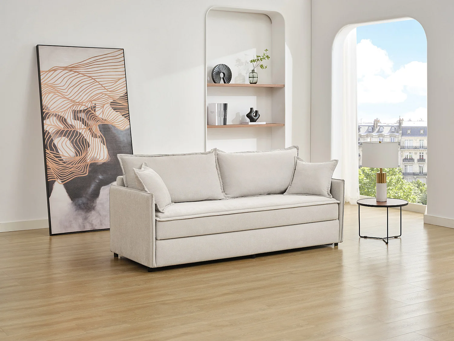 Express-driezitsslaapbank van beige stof met zitting met vormgeheugen SERABA