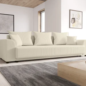Driezitsslaapbank van beige ribfluweel NESSARO Driezitsslaapbank van beige ribfluweel NESSARO