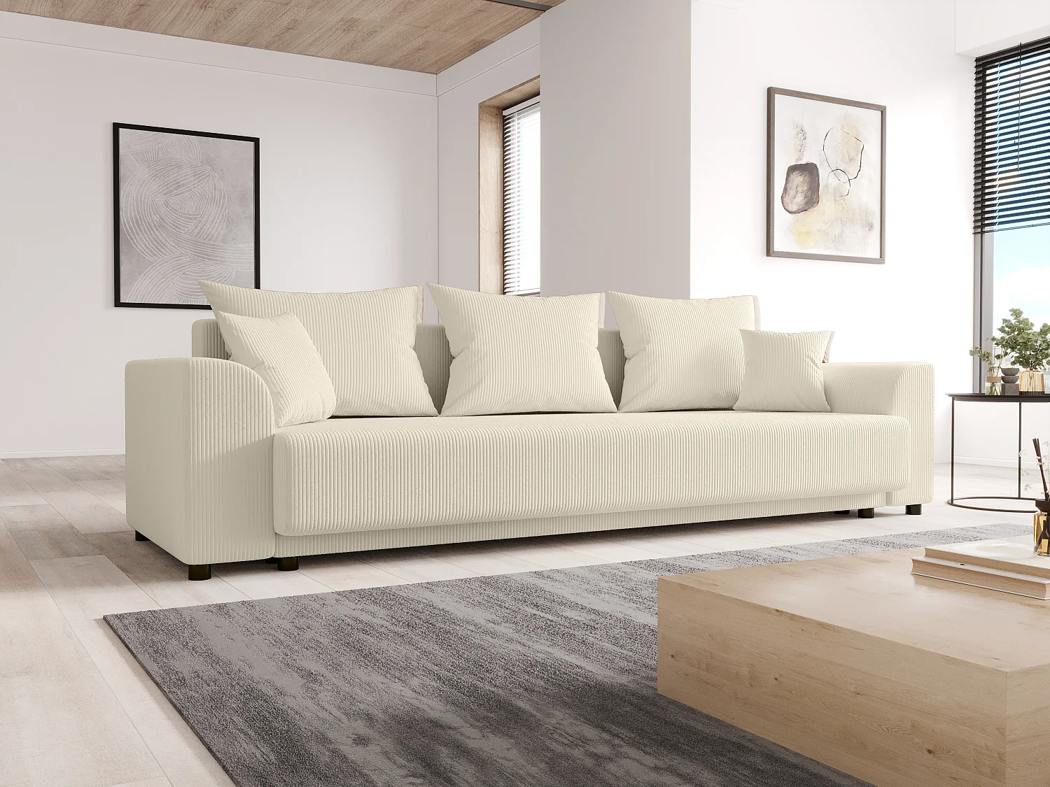 Driezitsslaapbank van beige ribfluweel NESSARO