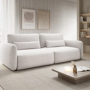 Driezitsslaapbank van beige stof met textuur VOPOZA Driezitsslaapbank van beige stof met textuur VOPOZA