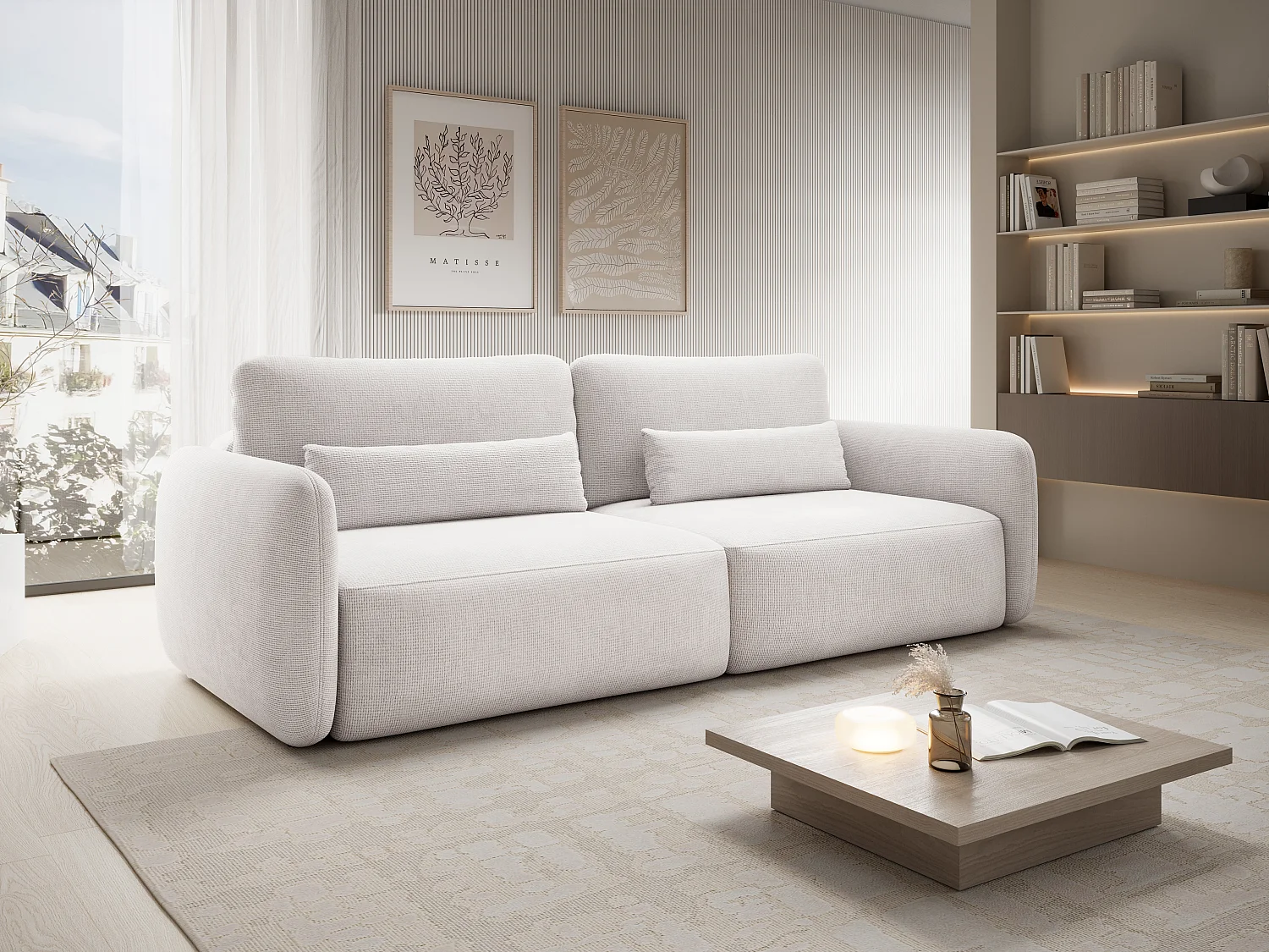 Driezitsslaapbank van beige stof met textuur VOPOZA