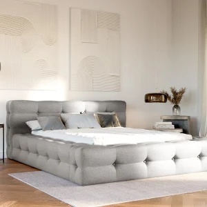 Bed 180 x 200 cm in lichtgrijze gevlamde stof + bedbodem + matras – LERUCO van Pascal Morabito