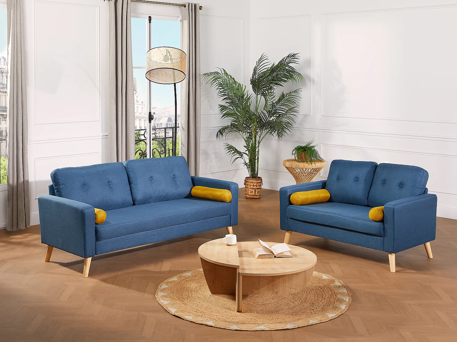 Driezitsbank TATUM van stof - Blauw - Koop goedkoop online