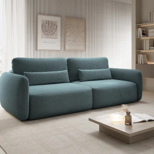 Driezitsslaapbank van blauwe stof met textuur VOPOZA Driezitsslaapbank van blauwe stof met textuur VOPOZA