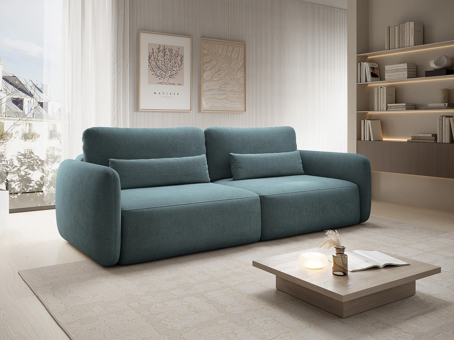 Driezitsslaapbank van blauwe stof met textuur VOPOZA