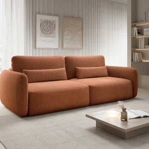 Driezitsslaapbank van terracottakleurige stof met textuur VOPOZA