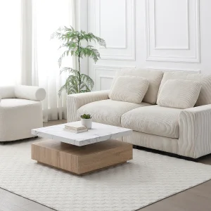 Draaiende salontafel met 1 lade in MDF – Zwarte marmerlook en houtlook – KYRIA Draaiende salontafel met 1 lade in MDF – Zwarte marmerlook en houtlook – KYRIA