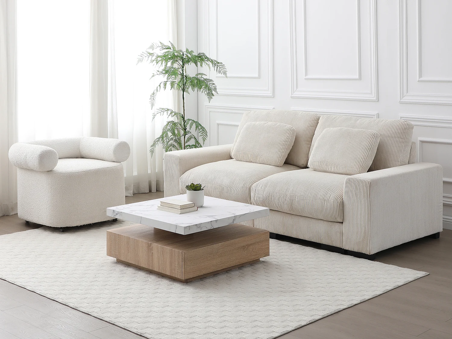 Draaiende salontafel met 1 lade in MDF - Zwarte marmerlook en houtlook - KYRIA