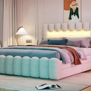 Fluweel gestoffeerd bed – 160x200cm – 4 lades + LED + Oplaadpoorten + Lezer – Beige Fluweel gestoffeerd bed – 160x200cm – 4 lades + LED + Oplaadpoorten + Lezer – Beige