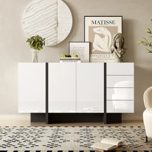 Dressoir met 2 deuren en 3 lades – 150 x 40 x 80,5 cm – MDF en spaanplaat – Glanzend wit Dressoir met 2 deuren en 3 lades – 150 x 40 x 80,5 cm – MDF en spaanplaat – Glanzend wit