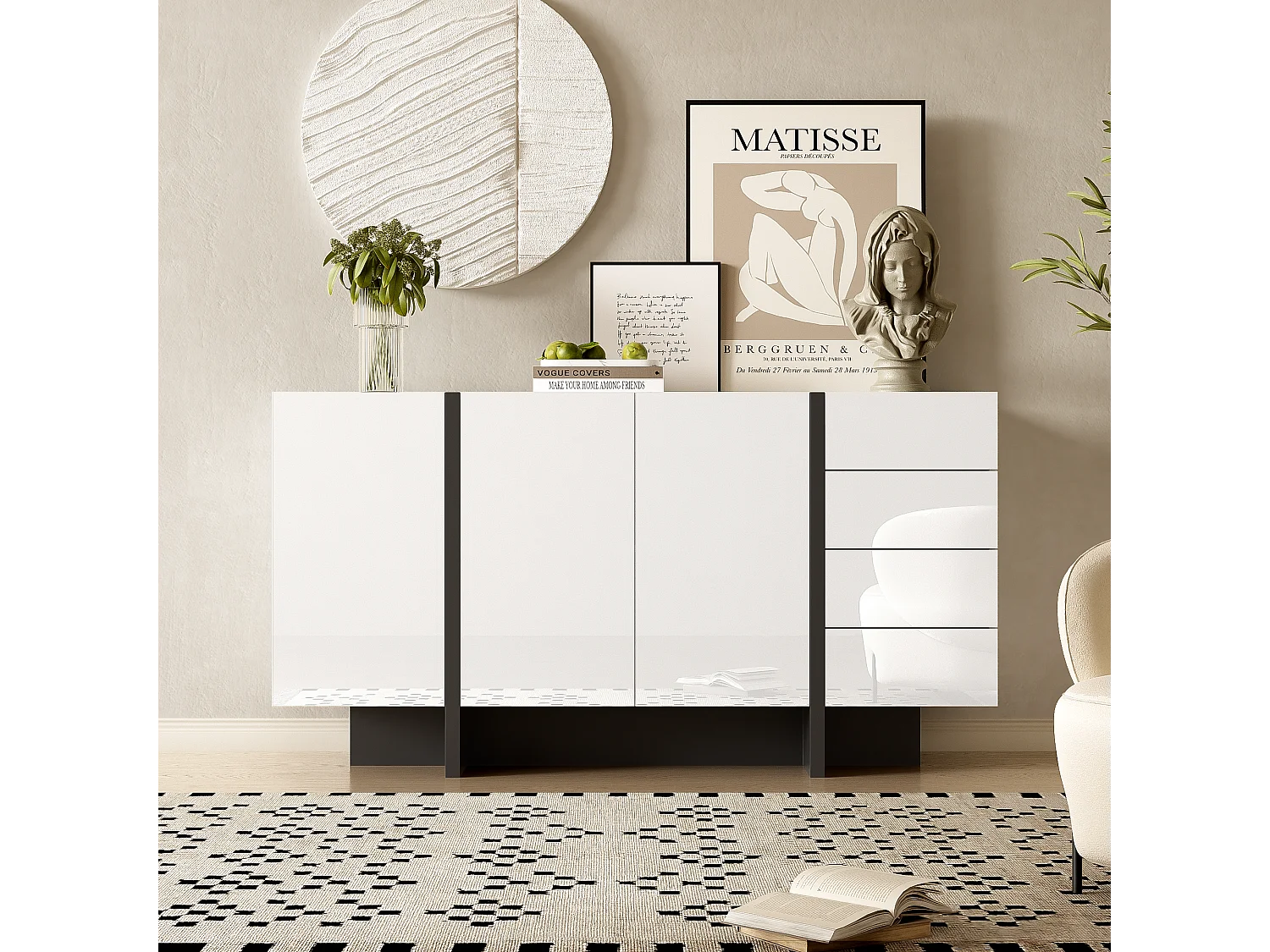Dressoir met 2 deuren en 3 lades - 150 x 40 x 80,5 cm - MDF en spaanplaat - Glanzend wit