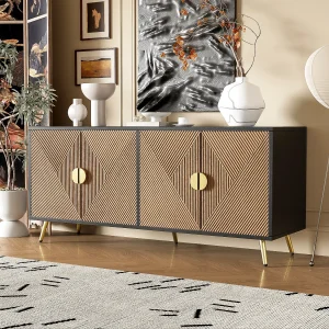 Dressoir met 4 deuren – 160 x 40 x 75 cm – MDF en spaanplaat – Zwart en naturel Dressoir met 4 deuren – 160 x 40 x 75 cm – MDF en spaanplaat – Zwart en naturel