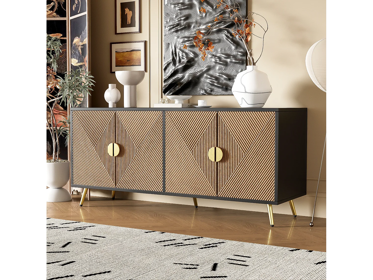 Dressoir met 4 deuren - 160 x 40 x 75 cm - MDF en spaanplaat - Zwart en naturel