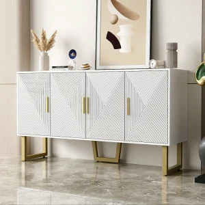 Dressoir met 4 deuren – 150 x 40 x 82 cm – MDF, spaanplaat en metaal – Wit en goud Dressoir met 4 deuren – 150 x 40 x 82 cm – MDF, spaanplaat en metaal – Wit en goud