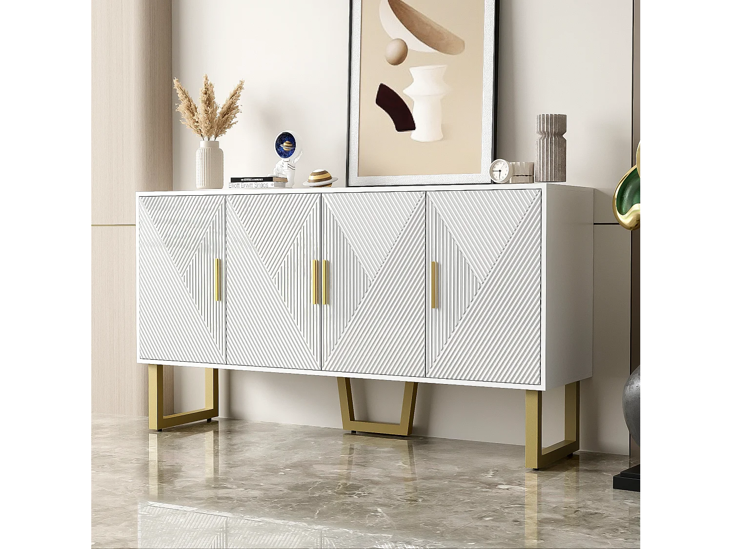 Dressoir met 4 deuren - 150 x 40 x 82 cm - MDF, spaanplaat en metaal - Wit en goud